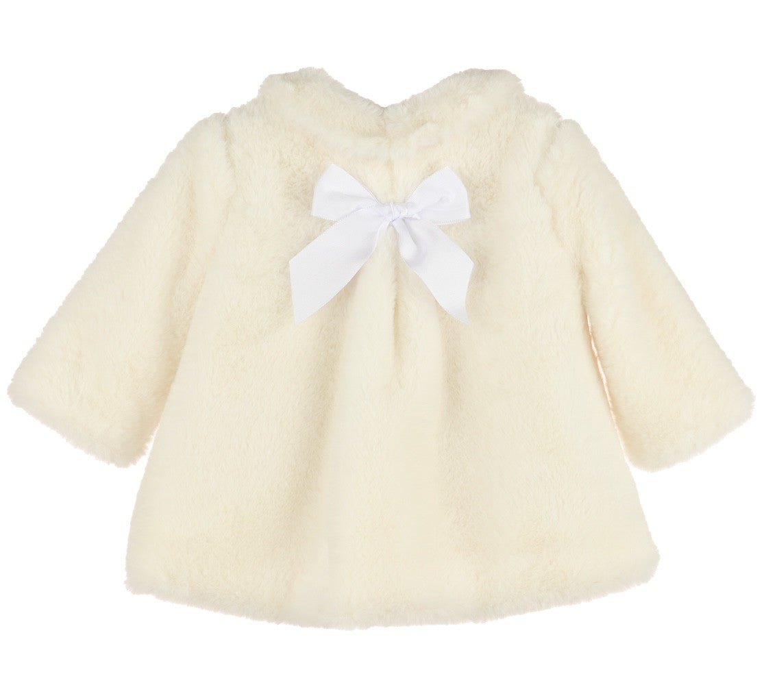 Luli & Me Girls Ivory Cozy Fuzzy Faux Fur Coat - Bow on Back