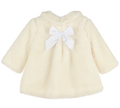 Luli & Me Girls Ivory Cozy Fuzzy Faux Fur Coat - Bow on Back