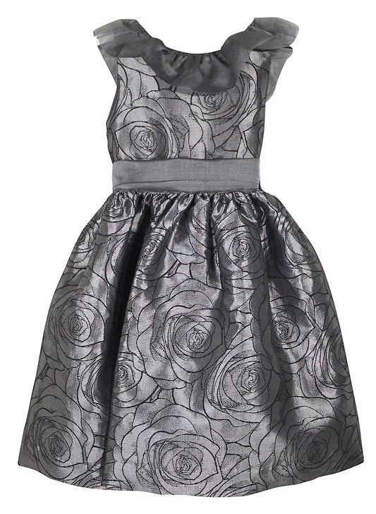 Susanne Lively Girls Silver Floral Party Dress - Ruffle Collar - Gorgeous Back!