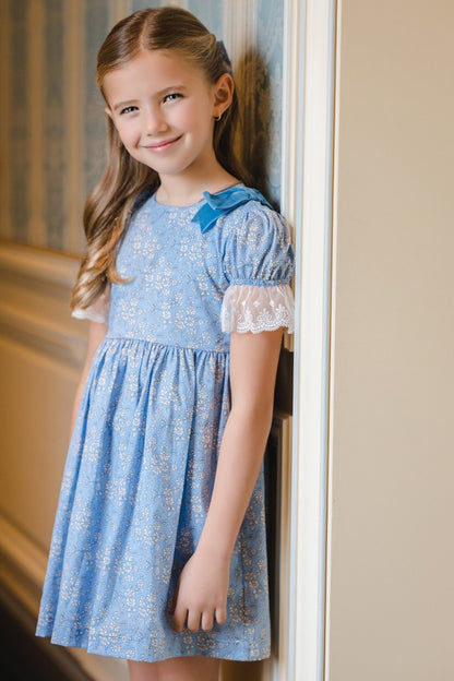 Sal & Pimenta Girls Dress - Icy Blue Liberty Flowers - Bows on Shoulders