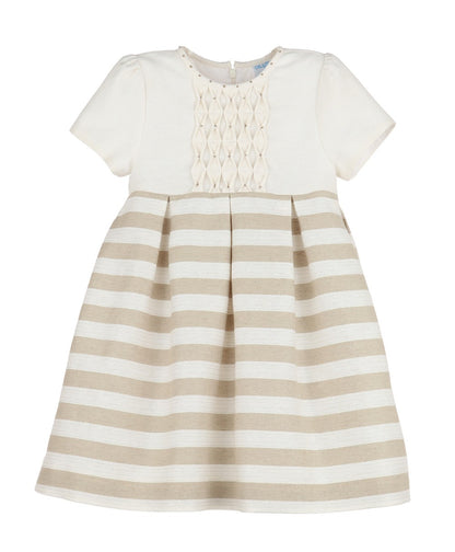 Luli & Me Girls Honeycomb Smocked Dress - Tan Stripes