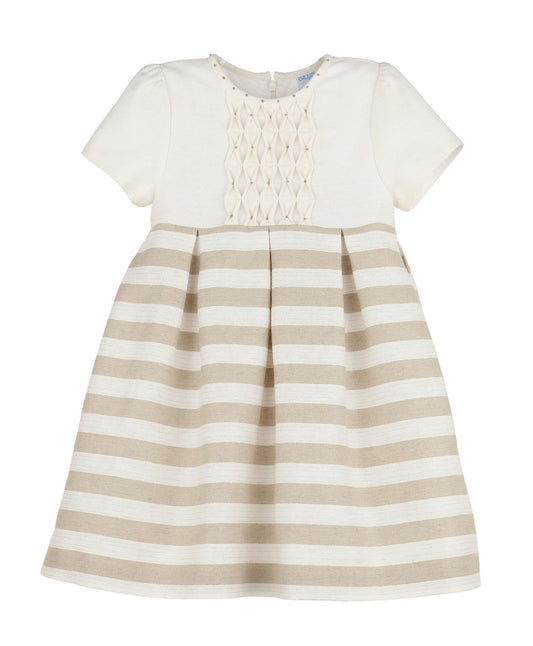 Luli & Me Girls Honeycomb Smocked Dress - Tan Stripes