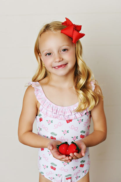 Swoon Baby Girls Pink Strawberry & Bows One Piece Swimsuit