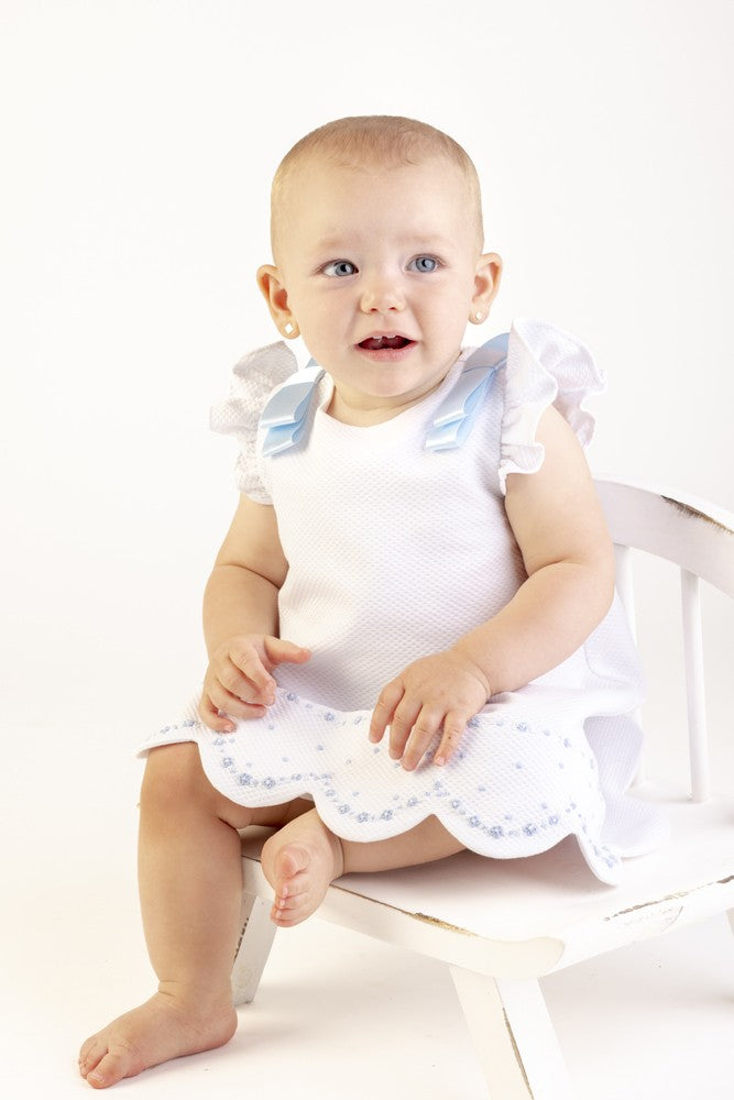 Luli & Me Girls Timeless Treasures A-Line Dress - White Pique with Blue Embroidery & Bows at Shoulders Best Dressed Child Luli & Me Girls Timeless Treasures A-Line Dress - White Pique with Blue Embroidery & Bows at Shoulders Best Dressed Child
