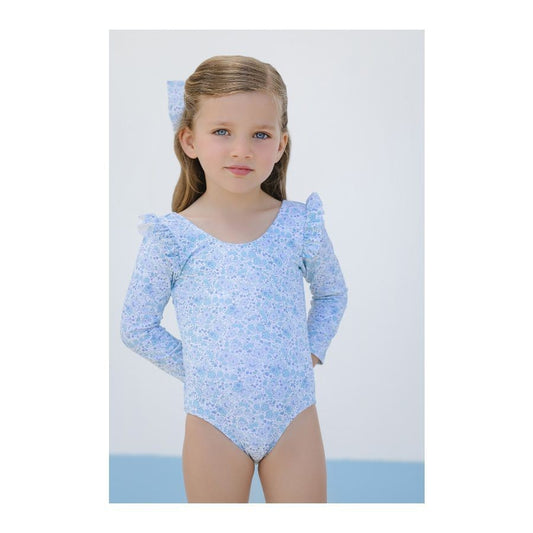 Sal & Pimenta Girls Long Sleeve Rashguard Suit with Bow on Back - Blue Ditsy Floral