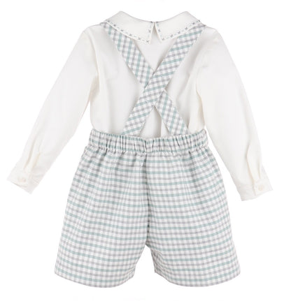 Luli & Me Baby Boys Suspender Shorts Set with Shirt - Mint Green & Grey Check