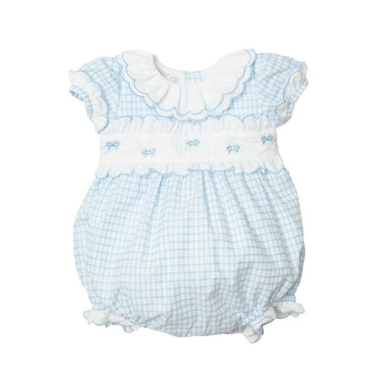Sal & Pimenta Girls Bubble - Blue Check - Embroidered Bows