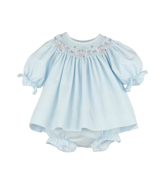 Luli & Me Baby Girls Floral Wreath Smocked Bishop Dress - Blue