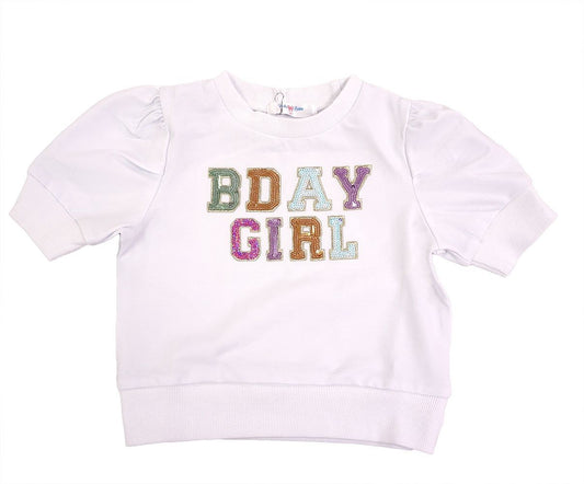 LuLu BeBe Girls Sequins B-Day Girl Birthday Puff Sleeve Top - White with Short Sleeves