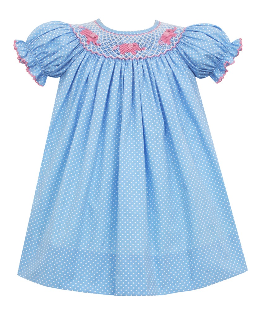 Petit Bebe Baby / Toddler Girls Blue / White Dots Smocked Pink Elephants Dress