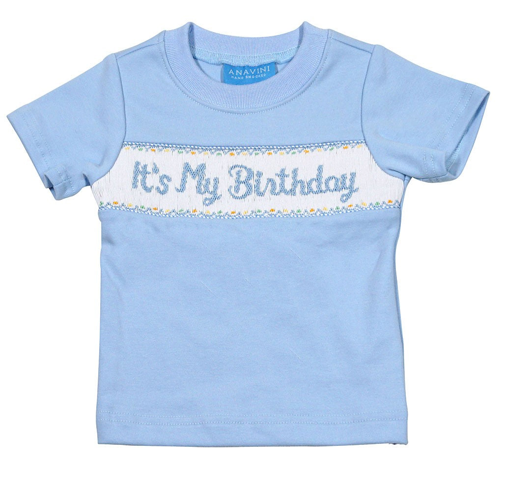 Anavini Baby / Toddler Boys Blue Smocked "It's My Birthday" Shirt