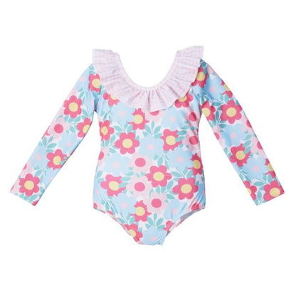 Sal & Pimenta Girls Rashguard Swimsuit - Retro Flowers - Long Sleeves