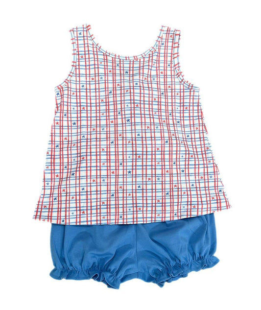 James & Lottie Girls Kinley Bow Bloomers Set - Patriotic Stars Print