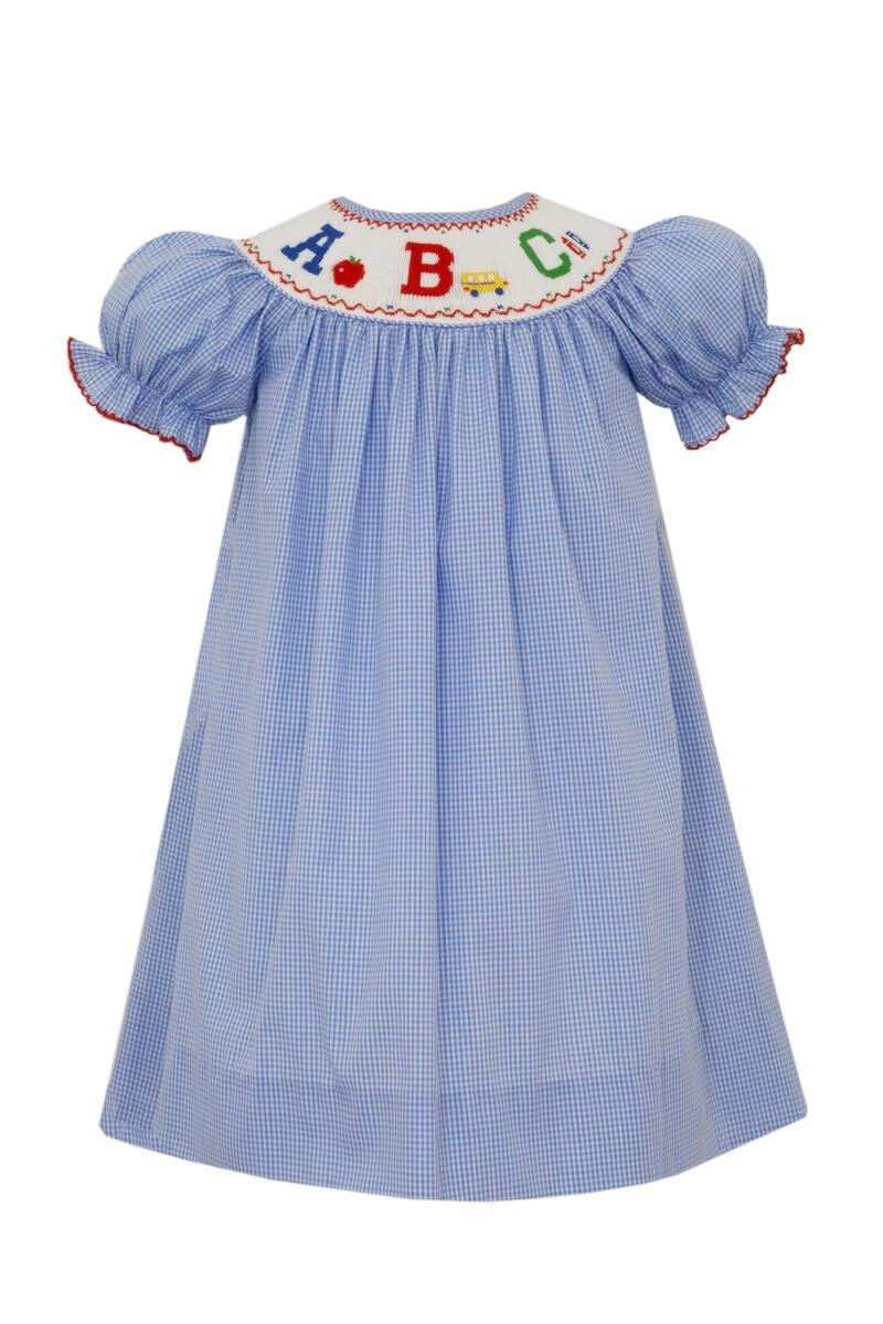 Anavini Velani Toddler Girls Blue Gingham Bishop Dress - Smocked ABC School Theme