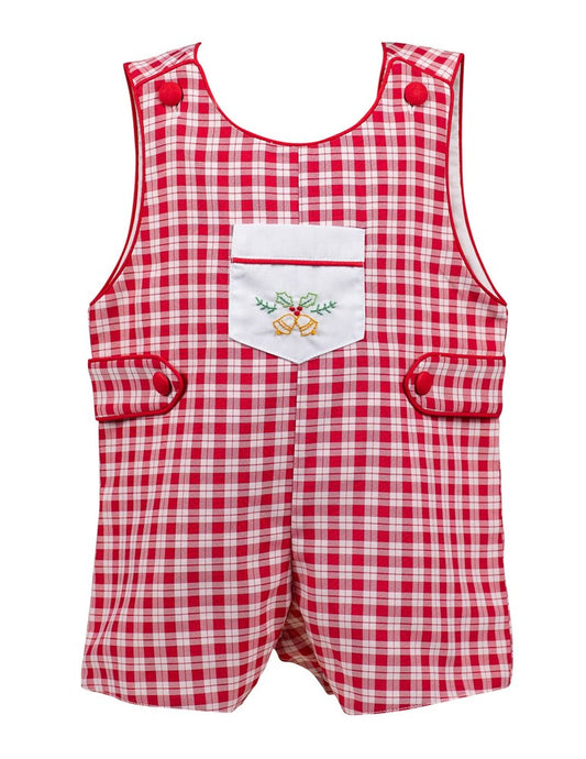 Proper Peony Boys Christmas Jon Jon - Red Check Embroidered Golden Bells
