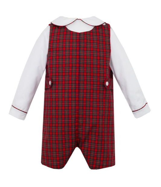 Petit Bebe Boys Red Holiday Plaid Shortall with Piped Shirt