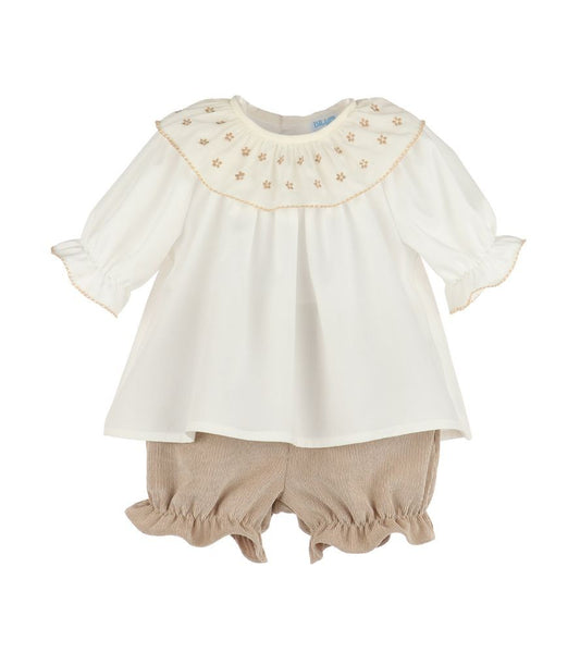 Luli & Me Girls Winterberry Cord Embroidered Bloomers Set - Tan