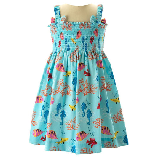 Rachel Riley London Girls Smocked Sundress - Coral Reef