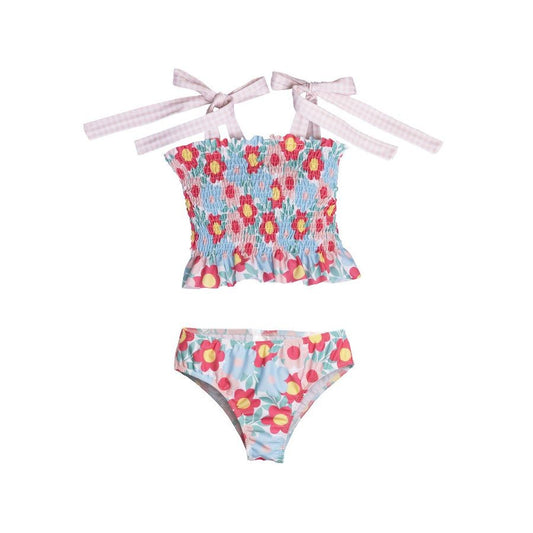 Sal & Pimenta Girls Swimsuit - Retro Flowers - Bows on Shoulders - Smocked Bikini
