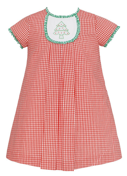Claire & Charlie Girls Red Check Dress - Embroidered Christmas Tree on Tab with Ruffles - Short Sleeves