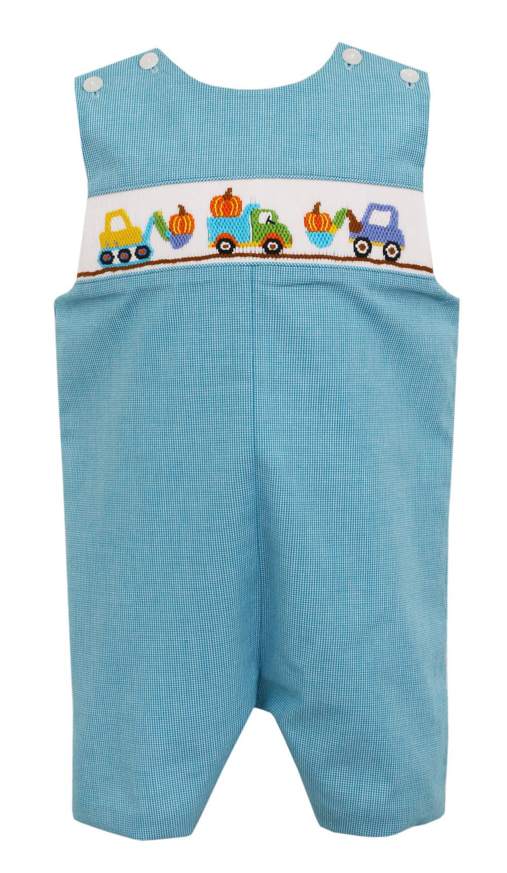 Petit Bebe Baby / Toddler Boys Turquoise Check Smocked Pumpkin Construction Trucks Jon Jon