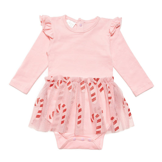 Sweet Wink Baby Girls Pink Candy Cane Christmas Long Sleeve Tutu Bodysuit