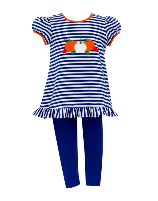 Claire & Charlie Girls Knit Tunic Set - Royal Blue Stripes - Applique Pumpkins - Solid Leggings