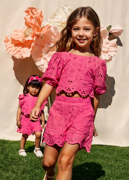 Abel & Lula Girls Fuchsia Pink Eyelet Embroidered Dressy Shorts Set
