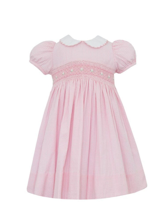 Anavini Girls Pink Gingham Seersucker Smocked Dress with Collar