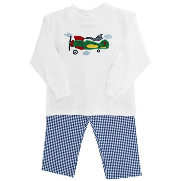 Bailey Boys Pants Set - Blue Checks with White Airplane Shirt