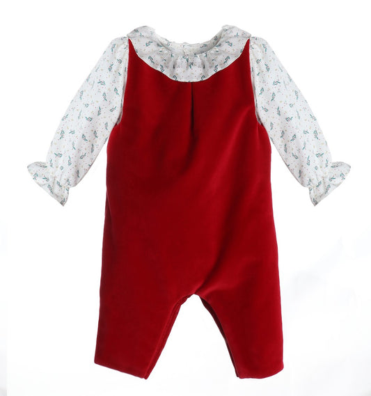 Sophie & Lucas Baby / Toddler Girls Red Velvet Long Romper - Holly Print Blouse