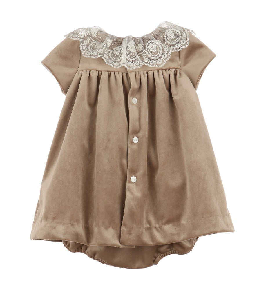 Luli & Me Girls Deluxe Velvet Float Dress - Lace Collar - Beige Champagne