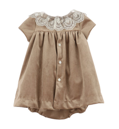 Luli & Me Girls Deluxe Velvet Float Dress - Lace Collar - Beige Champagne