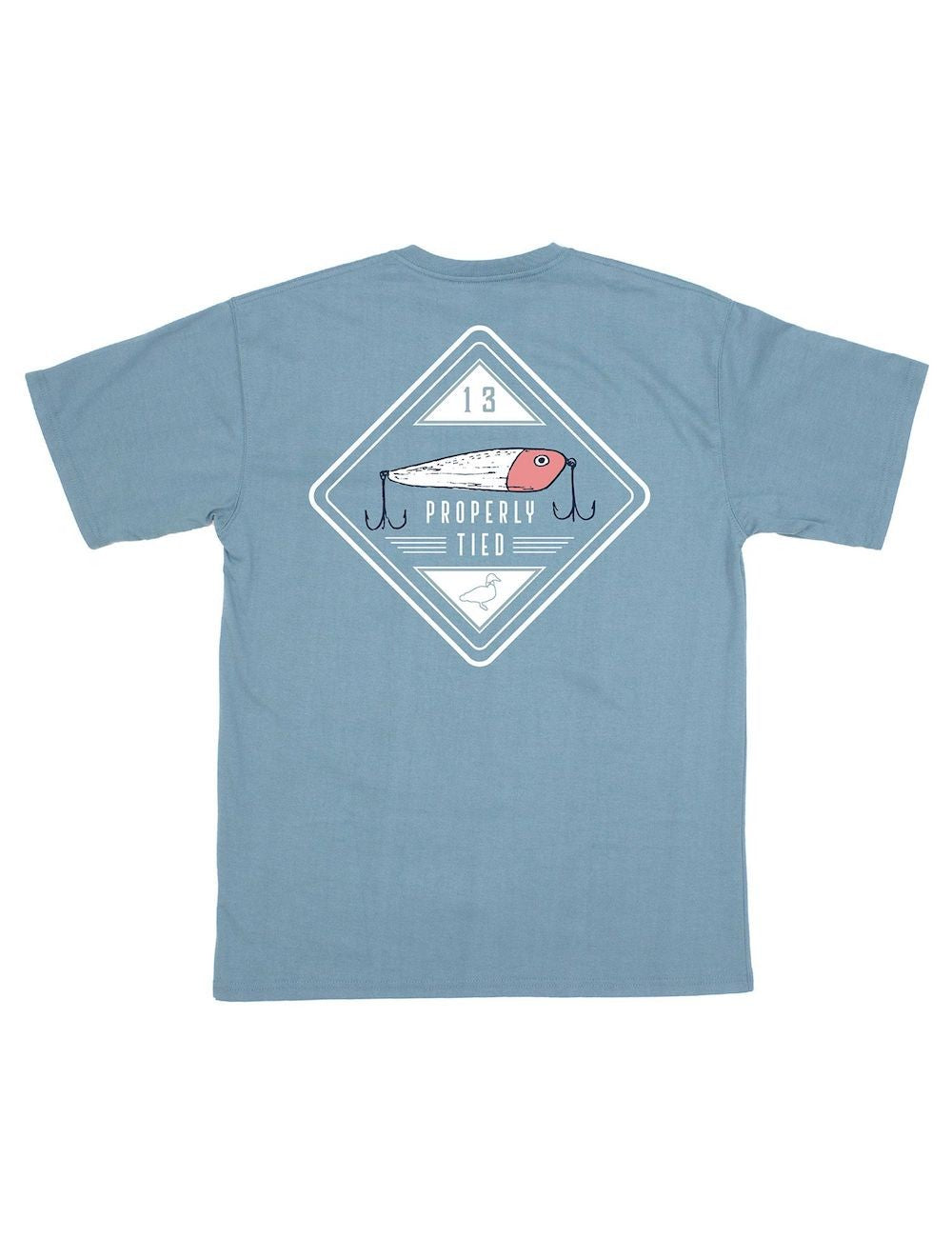 Properly Tied Blue T-Shirt - Logo Pocket on Front - Back Graphic - Steel Blue Crankbait