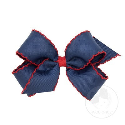 Wee Ones Girls Classic Moonstitch Bow - Navy Blue with Red