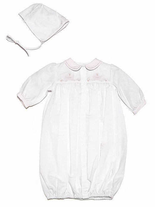 Friedknit Creations Newborn Baby Girls White Gown with Pink Shadow Stitch Embroidery Bows & Bonnet by Feltman Brothers