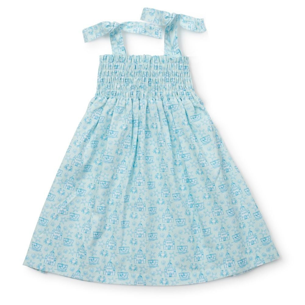 Lila & Hayes Girls Betsy Smocked Sun Dress - Sandcastles Aqua Blue
