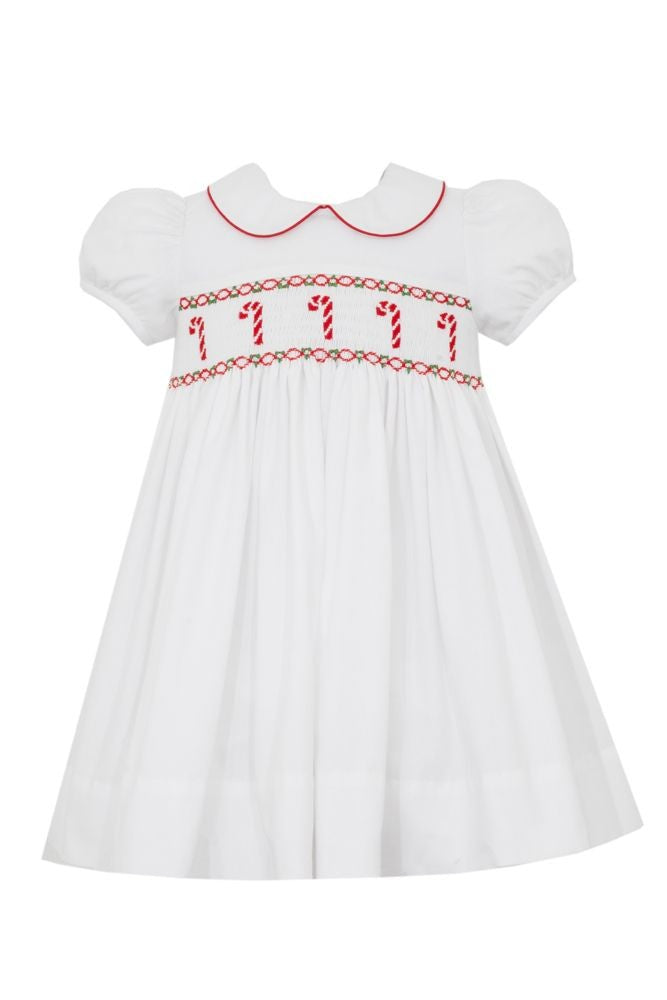 Anavini Velani Girls White Dress with Collar - Smocked Candy Canes