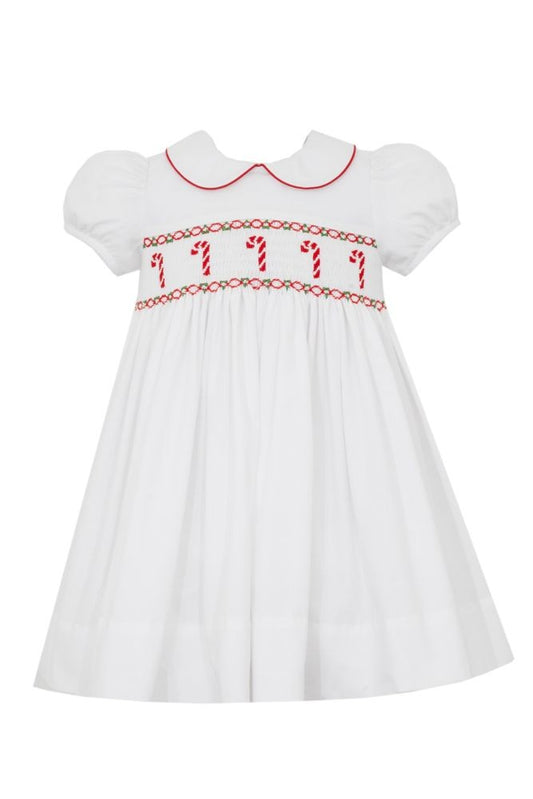 Anavini Velani Girls White Dress with Collar - Smocked Candy Canes