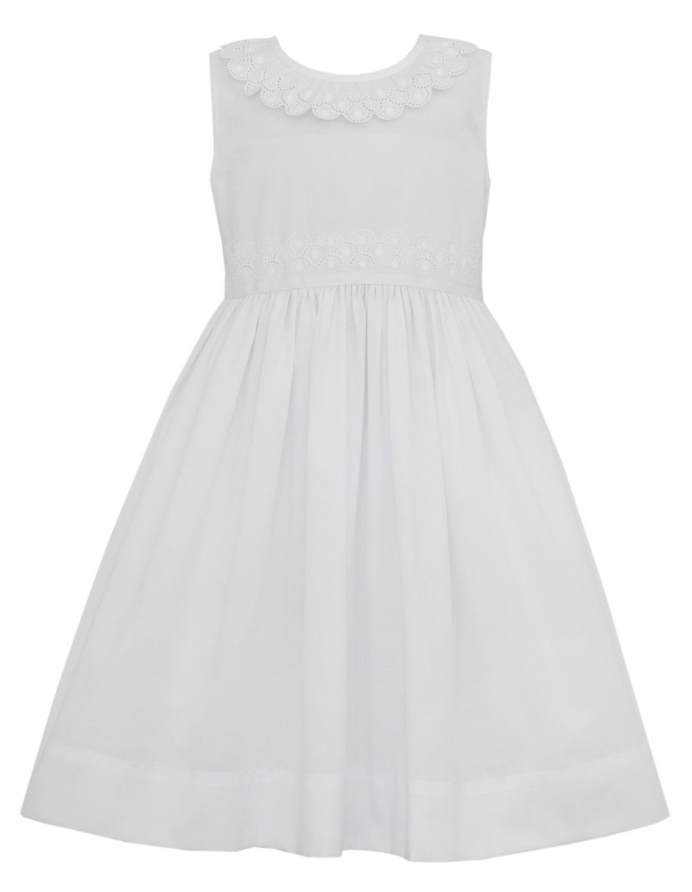Claire & Charlie Girls White Batiste Sleeveless Dress - Swiss Eyelet Trim - Lined