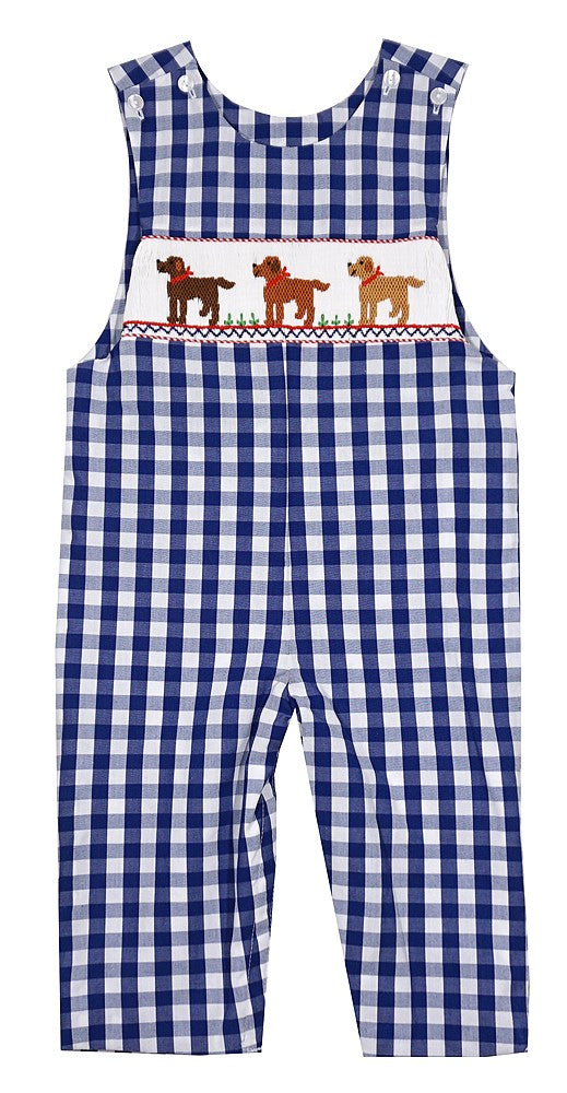 Anavini Baby / Toddler Boys Navy Blue Check Smocked Labrador Dogs Longall