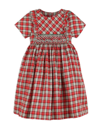 Luli & Me Girls Red Holiday Scottish Tartan Smocked Dress - Ruffles