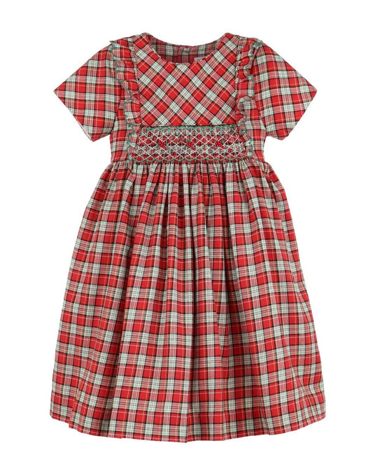 Luli & Me Girls Red Holiday Scottish Tartan Smocked Dress - Ruffles