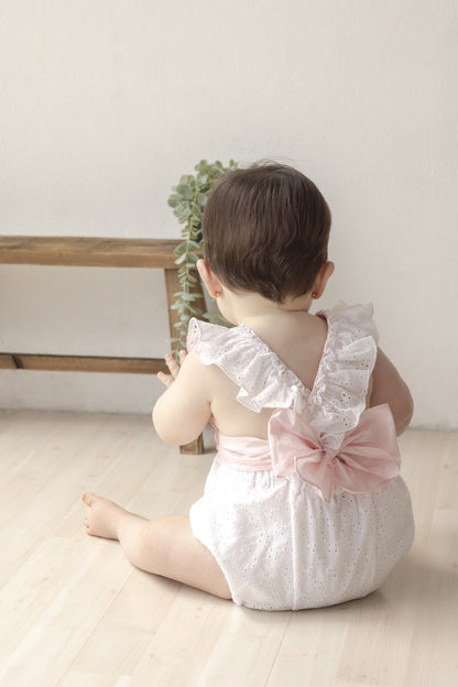 Sophie & Lucas Girls Passenger Princess Bubble - White Eyelet - Pink Sash