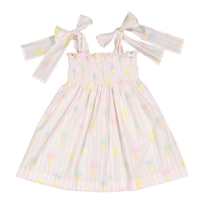 Sal & Pimenta Girls Pink Ice Creams Smocked Sun Dress - Ties at Shoulders