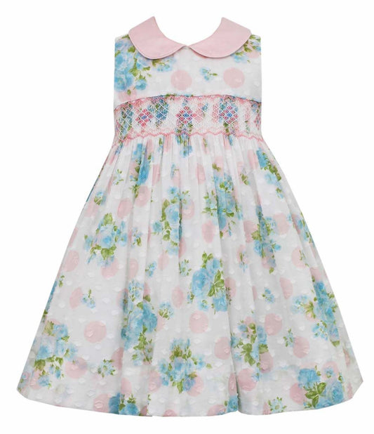 Anavini Couture Girls Sleeveless Smocked Dress - Sheer Pink Floral - Pink Collar