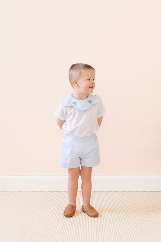 La Boutique by Dondolo Boys Blue Button On Shorts Set - Christmas Tree Collar