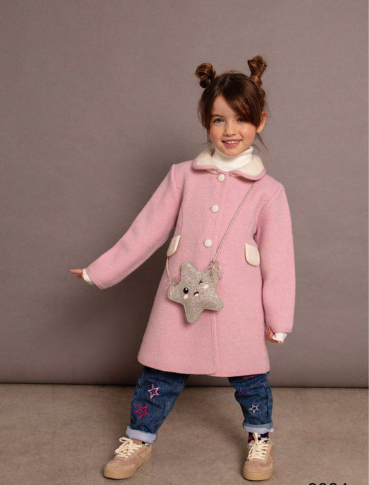 Marae Kids Girls Dress Coat - Single Breasted with Princess Seams - Rosa Pink with Cream Trim by Marae