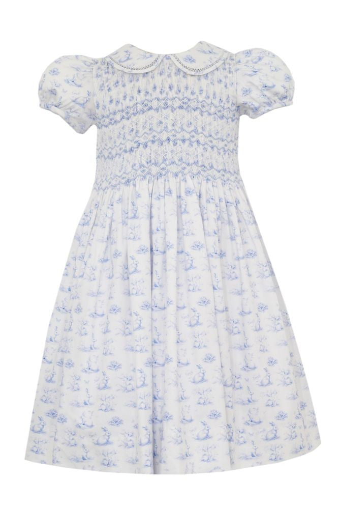 Anavini Couture Girls Blue Bunny Toile Dress - Fully Smocked Bodice