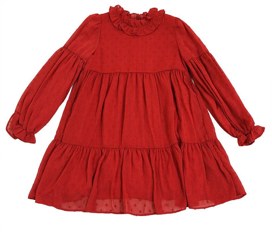 Abel & Lula Girls Plumetti Dotted Swiss Tiered Dress - Raspberry Red